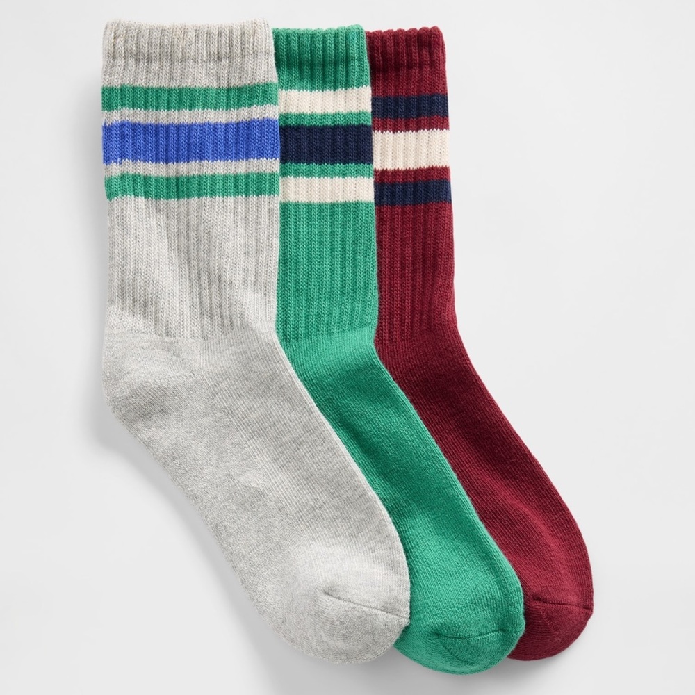 GAP Kids Varsity Slouchy Crew Socks (3-Pack) Gray, Green, & Red-L(Shoe Size 3-4)